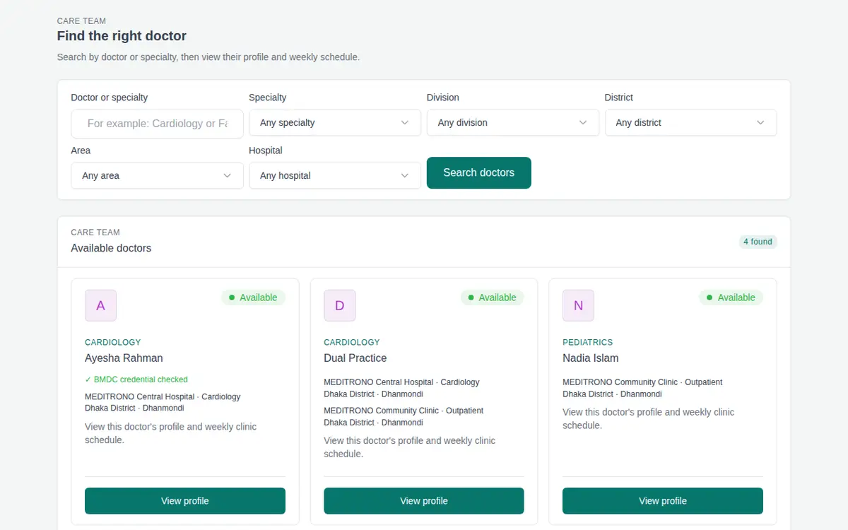 Public doctor directory showing searchable doctor profiles