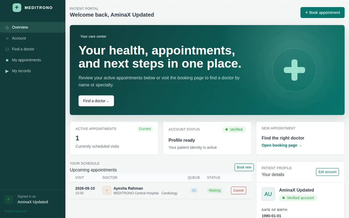 Patient dashboard with appointments and health record links