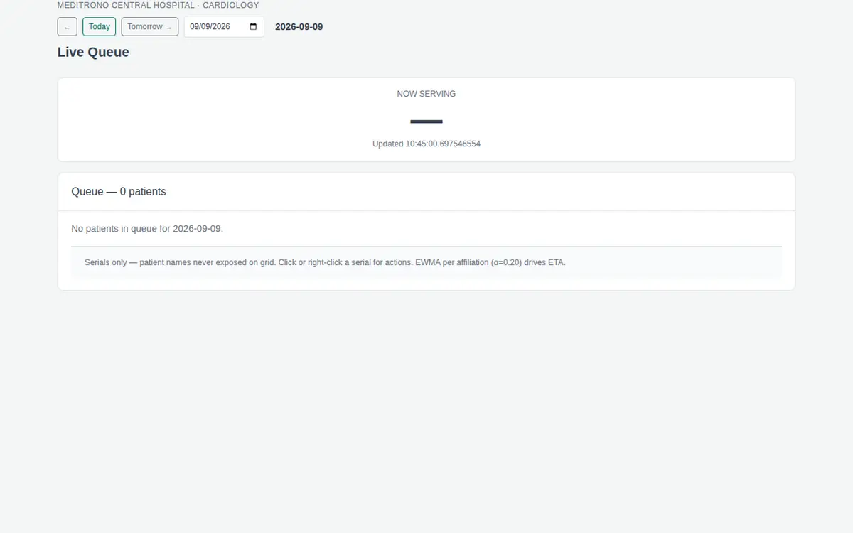 Live hospital queue workspace with appointment status